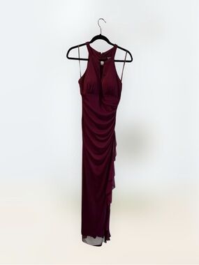 Betsy & Adam Wine Halter Ruched Maxi Dress
